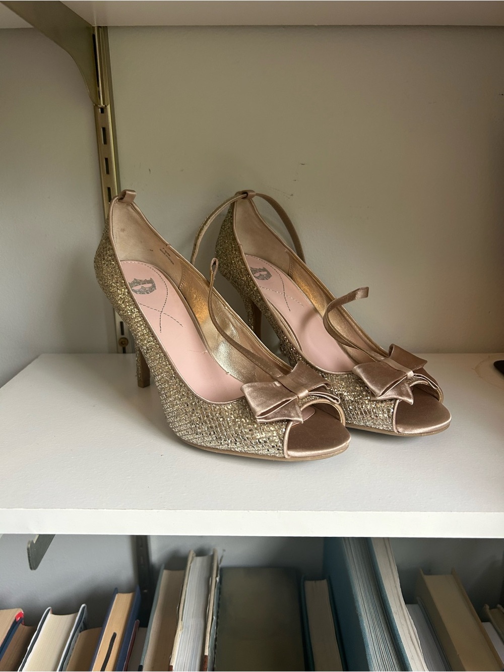 Gold Glitter Peep-Toe Slingback Heels with Bow Accent